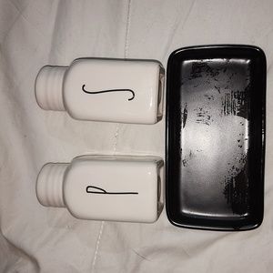 Rae Dunn Salt and Pepper shakers with mini tray